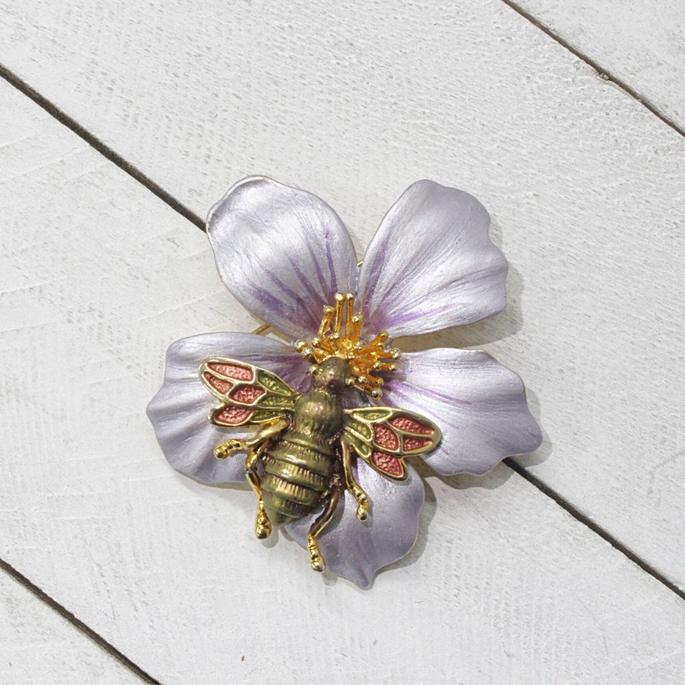 Springtime Bumblebee on Purple Flower Brooch